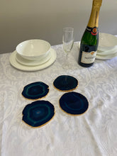 Load image into Gallery viewer, Set of 4 blue polished Agate Slice drink coasters with Gold Electroplating around the edges 07