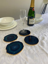 Load image into Gallery viewer, Set of 4 blue polished Agate Slice drink coasters with Gold Electroplating around the edges 07