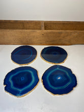 Load image into Gallery viewer, Set of 4 blue polished Agate Slice drink coasters with Gold Electroplating around the edges 07