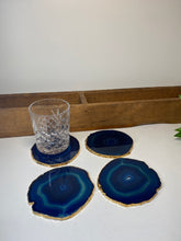 Load image into Gallery viewer, Set of 4 blue polished Agate Slice drink coasters with Gold Electroplating around the edges 07