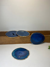 Load image into Gallery viewer, Set of 4 blue polished Agate Slice drink coasters with Gold Electroplating around the edges 10