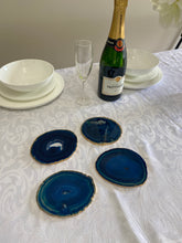 Load image into Gallery viewer, Set of 4 blue polished Agate Slice drink coasters with Gold Electroplating around the edges 10