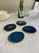 Load image into Gallery viewer, Set of 4 blue polished Agate Slice drink coasters with Gold Electroplating around the edges 10