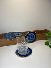 Load image into Gallery viewer, Set of 4 blue polished Agate Slice drink coasters with Gold Electroplating around the edges 11