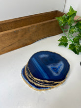 Load image into Gallery viewer, Set of 4 blue polished Agate Slice drink coasters with Gold Electroplating around the edges 11