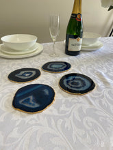 Load image into Gallery viewer, Set of 4 blue polished Agate Slice drink coasters with Gold Electroplating around the edges 11