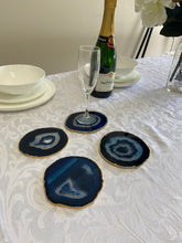 Load image into Gallery viewer, Set of 4 blue polished Agate Slice drink coasters with Gold Electroplating around the edges 11