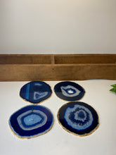 Load image into Gallery viewer, Set of 4 blue polished Agate Slice drink coasters with Gold Electroplating around the edges 11