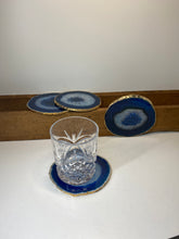 Load image into Gallery viewer, Set of 4 blue polished Agate Slice drink coasters with Gold Electroplating around the edges 17