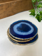 Load image into Gallery viewer, Set of 4 blue polished Agate Slice drink coasters with Gold Electroplating around the edges 17