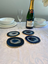 Load image into Gallery viewer, Set of 4 blue polished Agate Slice drink coasters with Gold Electroplating around the edges 17