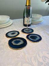 Load image into Gallery viewer, Set of 4 blue polished Agate Slice drink coasters with Gold Electroplating around the edges 17