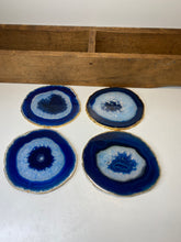 Load image into Gallery viewer, Set of 4 blue polished Agate Slice drink coasters with Gold Electroplating around the edges 17