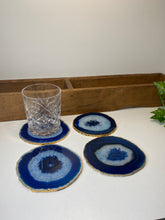Load image into Gallery viewer, Set of 4 blue polished Agate Slice drink coasters with Gold Electroplating around the edges 17