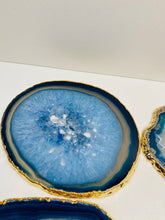 Load image into Gallery viewer, Set of 4 blue polished Agate Slice drink coasters with Gold Electroplating around the edges