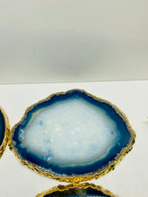 Load image into Gallery viewer, Set of 4 blue polished Agate Slice drink coasters with Gold Electroplating around the edges