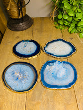Load image into Gallery viewer, Set of 4 blue polished Agate Slice drink coasters with Gold Electroplating around the edges