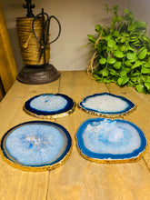 Load image into Gallery viewer, Set of 4 blue polished Agate Slice drink coasters with Gold Electroplating around the edges