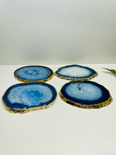Load image into Gallery viewer, Set of 4 blue polished Agate Slice drink coasters with Gold Electroplating around the edges
