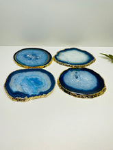 Load image into Gallery viewer, Set of 4 blue polished Agate Slice drink coasters with Gold Electroplating around the edges