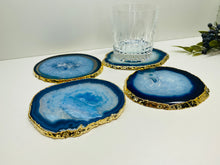 Load image into Gallery viewer, Set of 4 blue polished Agate Slice drink coasters with Gold Electroplating around the edges