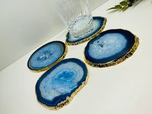 Load image into Gallery viewer, Set of 4 blue polished Agate Slice drink coasters with Gold Electroplating around the edges