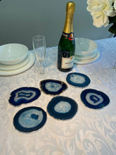 Load image into Gallery viewer, Set of 6 Blue polished Agate Slice drink coasters with Silver Electroplating around the edges 09