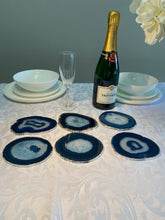 Load image into Gallery viewer, Set of 6 Blue polished Agate Slice drink coasters with Silver Electroplating around the edges 09