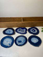 Load image into Gallery viewer, Set of 6 Blue polished Agate Slice drink coasters with Silver Electroplating around the edges 09