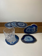 Load image into Gallery viewer, Set of 6 Blue polished Agate Slice drink coasters with Silver Electroplating around the edges 09