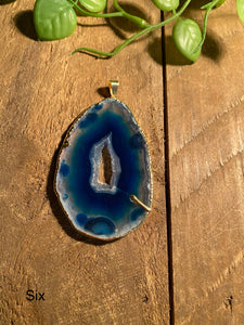 Blue Agate polished slice pendant with Gold Electroplating - necklace