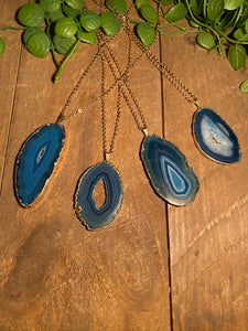 Blue Agate polished slice pendant with Gold Electroplating - necklace