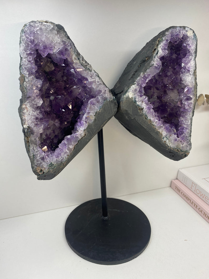 Amethyst Crystal geode wings on black display stand