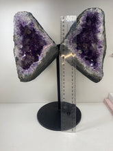 Load image into Gallery viewer, Amethyst Crystal geode wings on black display stand