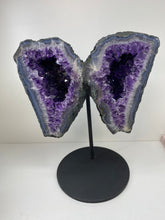 Load image into Gallery viewer, Amethyst Crystal geode wings on black display stand
