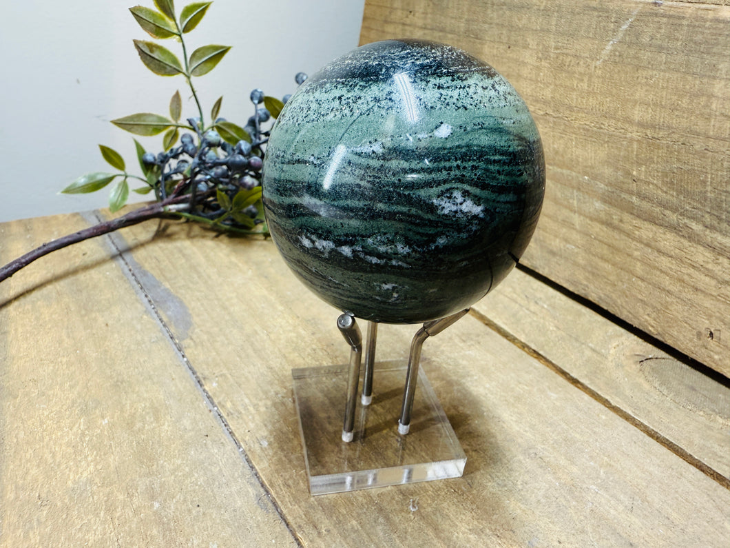 Green Hair Jasper sphere on stand