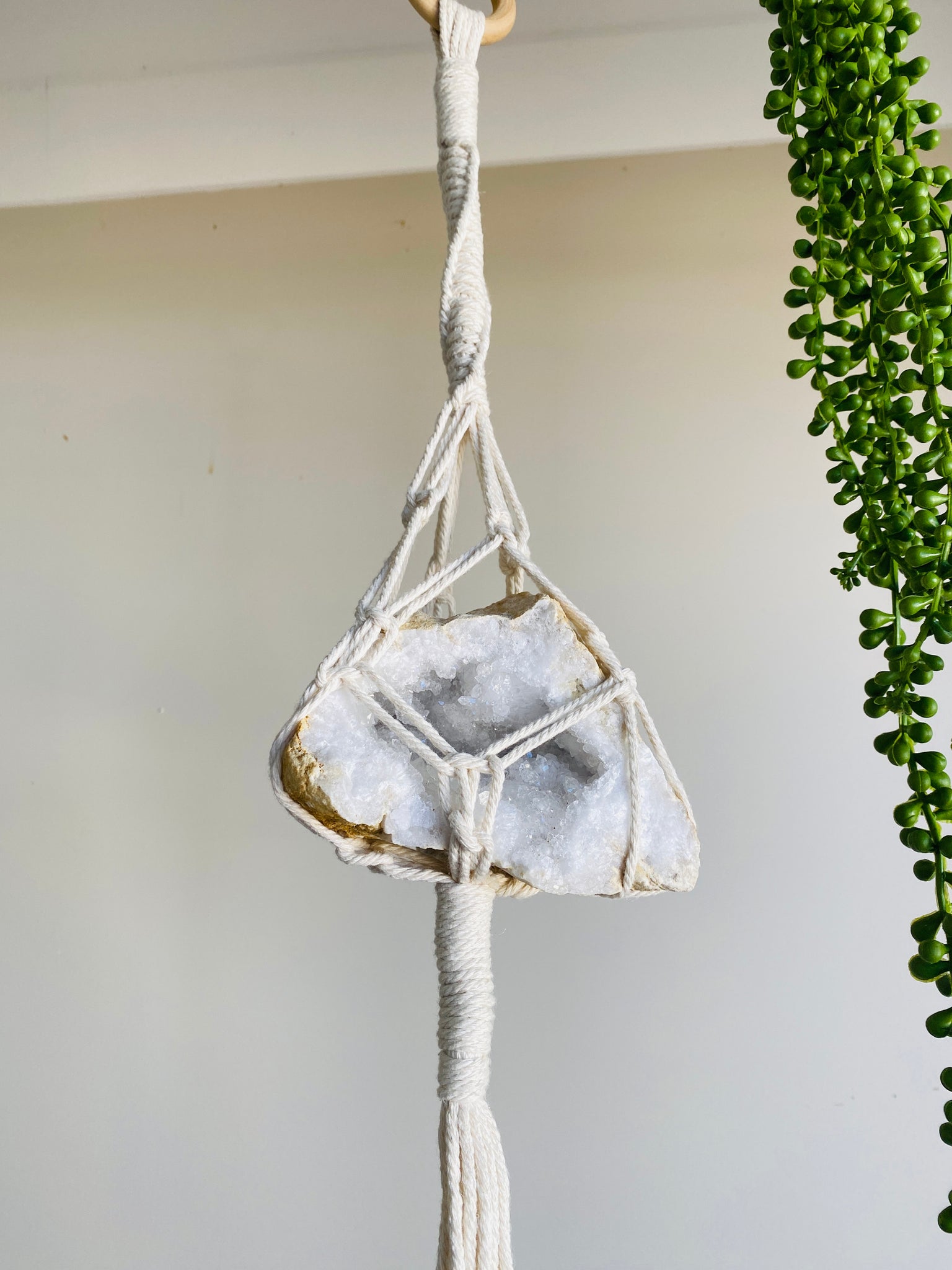 macrame plant hanger with crystals Quartz Crystal Geode Macrame