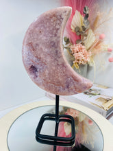Load image into Gallery viewer, Pink Amethyst Crystal moon on black display stand