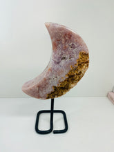 Load image into Gallery viewer, Pink Amethyst Crystal moon on black display stand