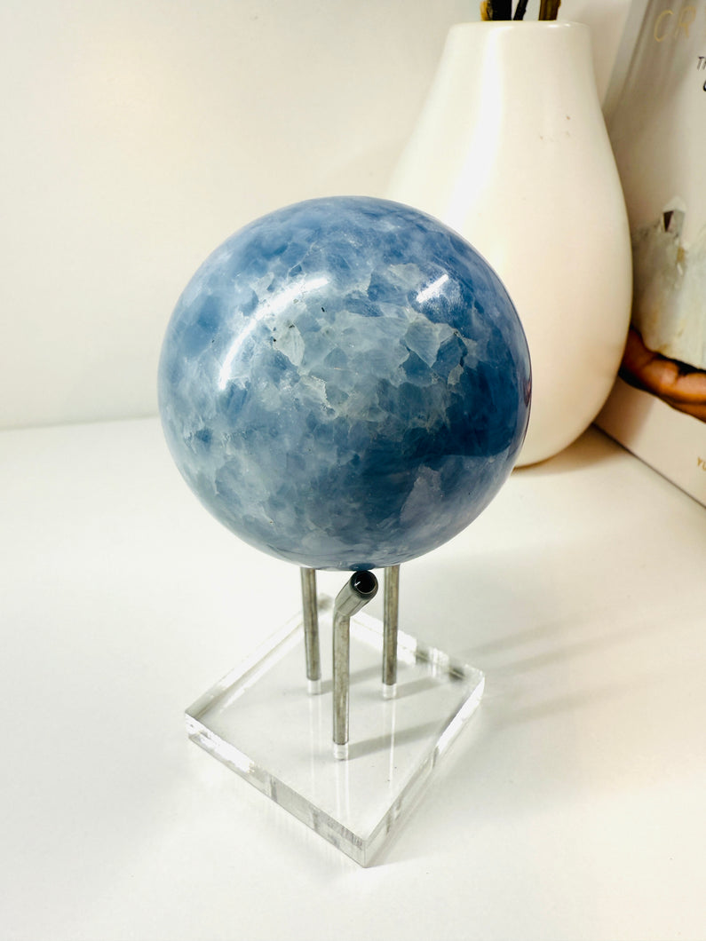 Natural Blue Calcite sphere on stand