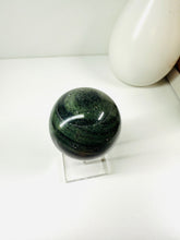 Load image into Gallery viewer, Polished Green Hair Jasper sphere on stand