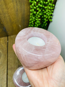 Polished Rose Quartz crystal tea light candle holder