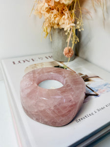 Polished Rose Quartz crystal tea light candle holder