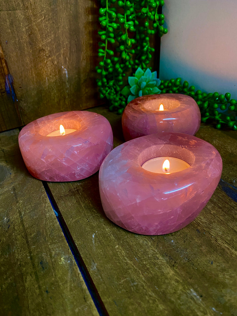 Polished Rose Quartz crystal tea light candle holder