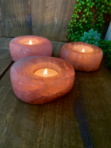 Polished Rose Quartz crystal tea light candle holder