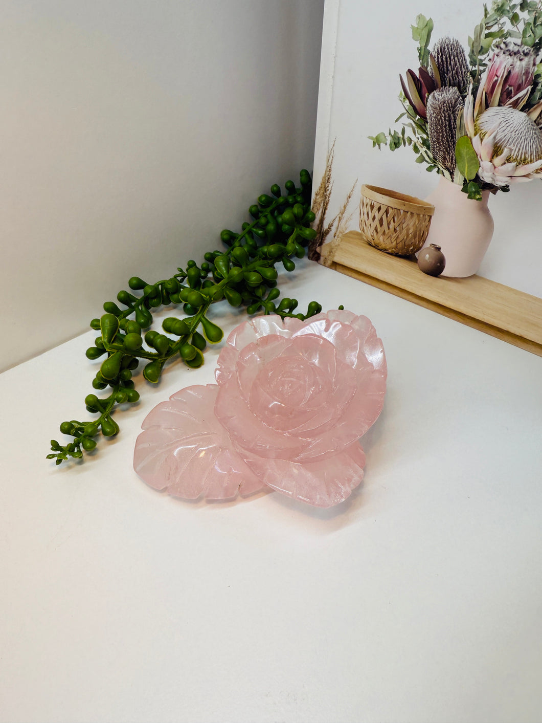 Rose Quartz hand carved flower