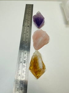 Selenite square bowl with Amethyst point, Citrine point and Rose Quartz piece