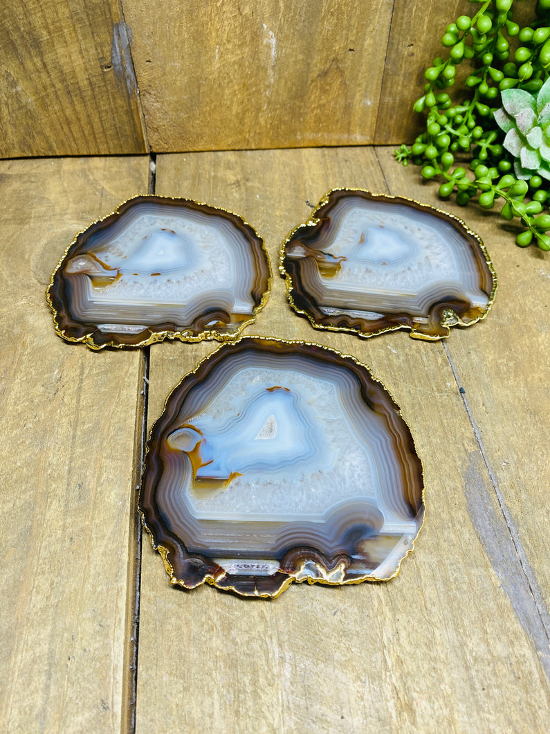 Natural polished Agate Slice drink coasters with Gold Electroplating - Set of 3