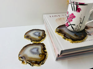 Natural polished Agate Slice drink coasters with Gold Electroplating - Set of 3