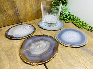Natural polished Agate Slice drink coasters with Gold Electroplating - Set of 4